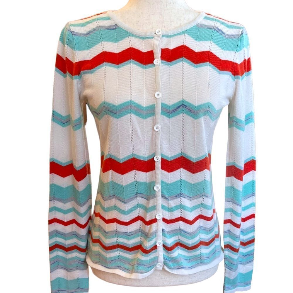 Saks Fifth Avenue Black Label Chevron Spring Lightweight Knit Cardigan Sweater - Picture 3 of 9